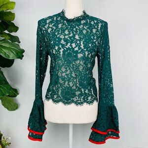 Emerald Green Lace Sheer Long Bell Ruffle Sleeve Turtle Neck Top